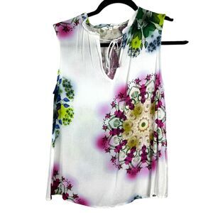 Desigual Floral Mandala Sleeveless Tie Neck Blouse Size Medium -